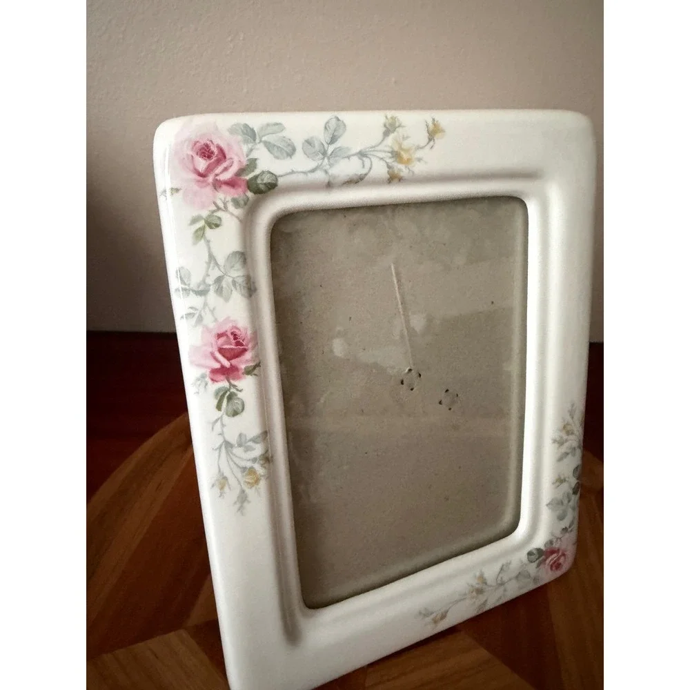 Floral Ceramic Picture Frame Pink Roses Yellow Wildflowers White Porcelain Style